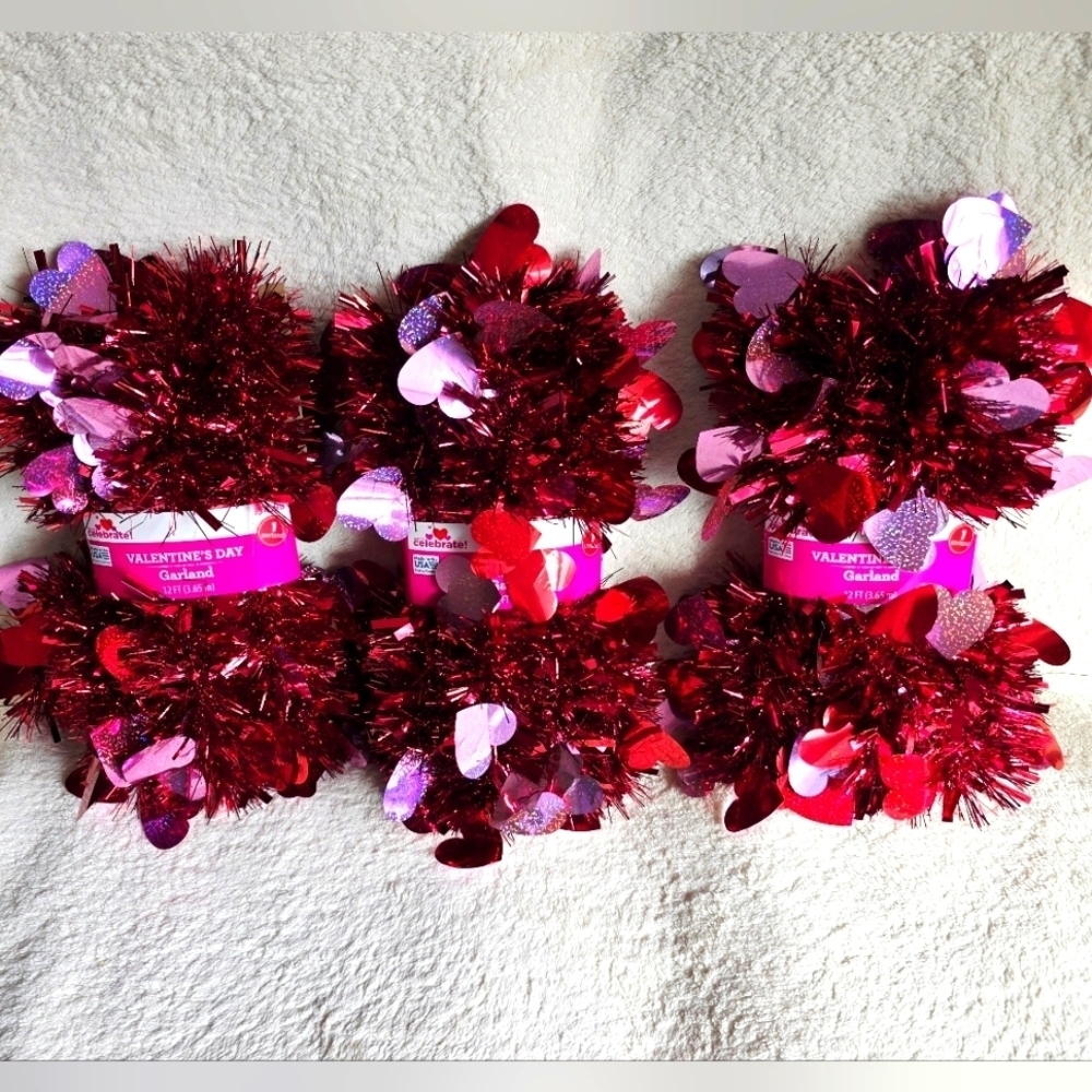 NWT Valentine's day red Tinsel Garland with Hearts, bundle of 3, home decor 12ft